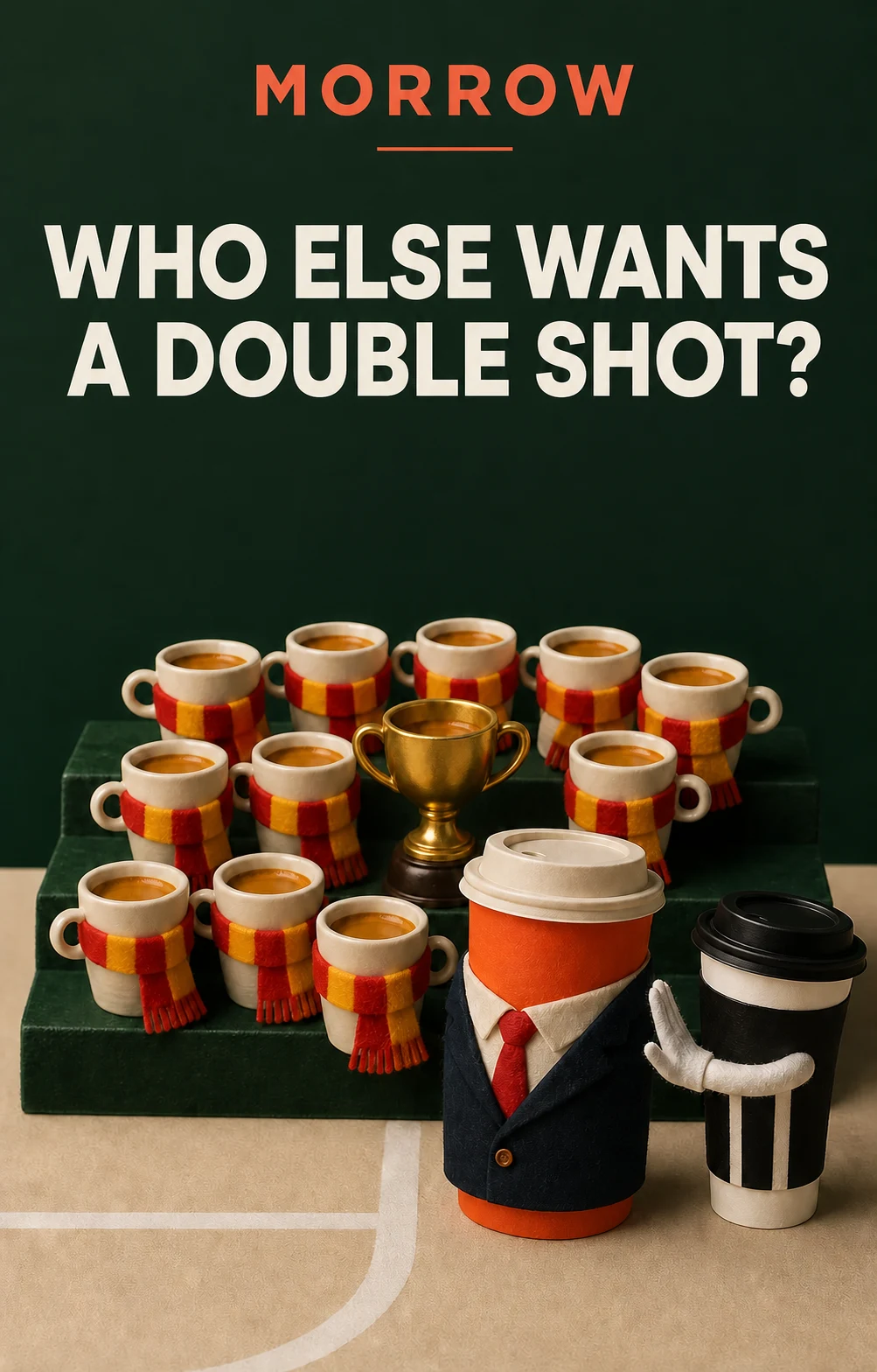Morrow Coffee campaign showing a suited takeaway cup lingering beside Spain-themed espresso cups and a trophy